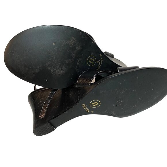 Nicole Black Leather Wedge Heel Sandal Size 7 1/2 - Picture 7 of 8